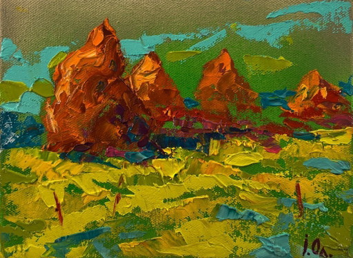 Pintura al óleo original Paisaje de cielo vespertino Campos de verano
