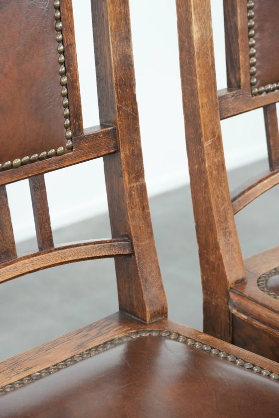 Image 1 of 4 x Antique Oak Dining Chairs in Art Nouveau Style with Cognac-Colored Cowhide Leather