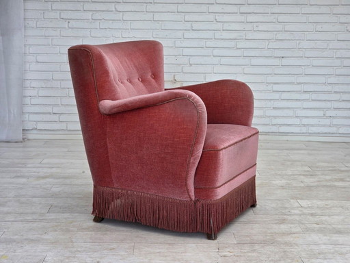 1970s, Danish armchair, salmon pink furniture velour, oak wood.
