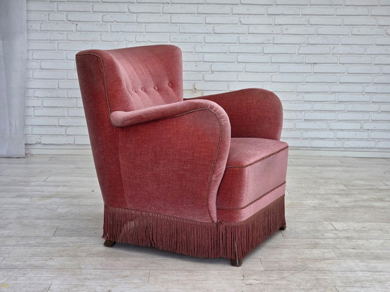 Image 1 of 1970s, Danish armchair, salmon pink furniture velour, oak wood.