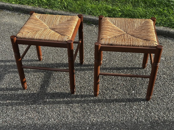 Pair of 50s Stools in Wood with Straw Seat (photo 2 of 9)