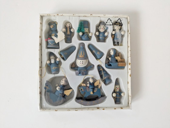 Image 1 of 14 x Vintage Kerstversieringen in Doos | Duitse Volkskunst Houtdecoratie uit de Jaren 80