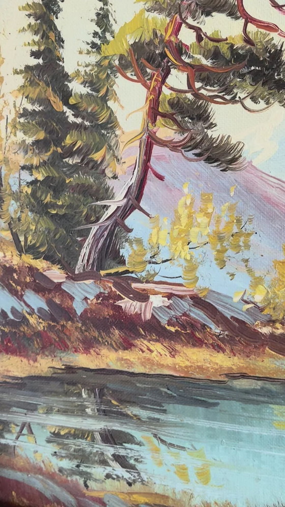 Image 1 of Peinture à l'huile originale vintage représentant un paysage de montagne et de rivière, encadrée