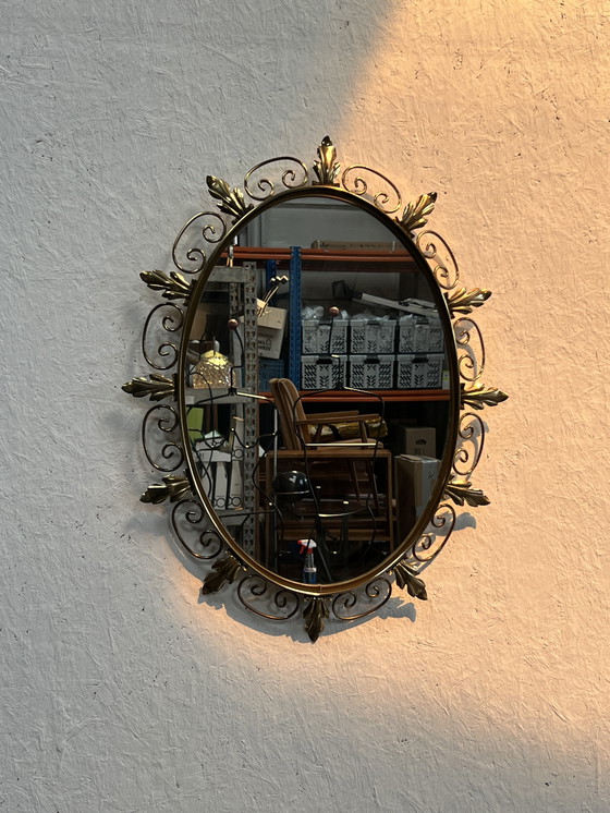 Image 1 of Vintage Oval Brass Mirror, Ornate Decor, Deknudt Belgium, 1970's