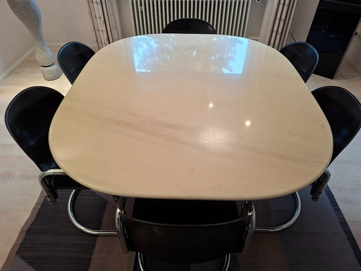 Leather and marble dining table by Afra & Tobia Scarpa incl. "Dialogo" chairs