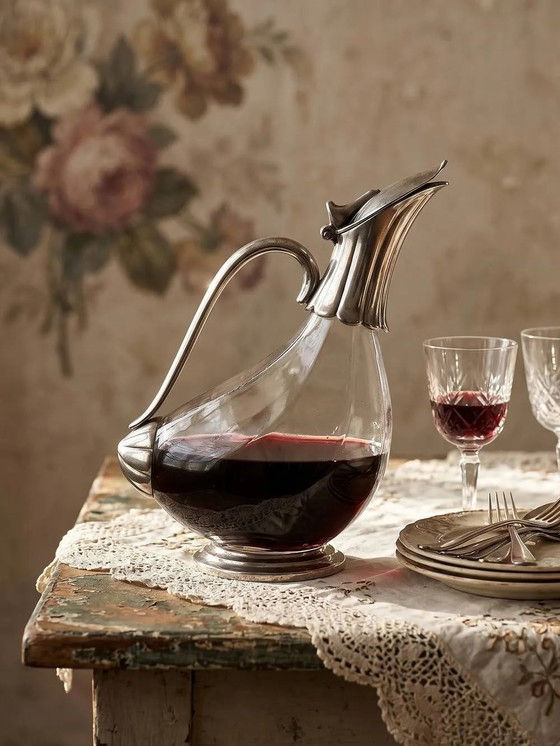 Vintage glass and silver-plated metal jug, modernist pitcher/carafe from ., Glass & Decanter, Transparent (photo 3 of 14)