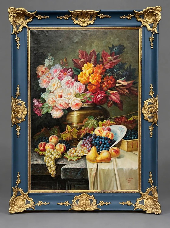 Still life signed with flowers and fruits. Oil on canvas., Paintings & Drawings (photo 11 of 11)