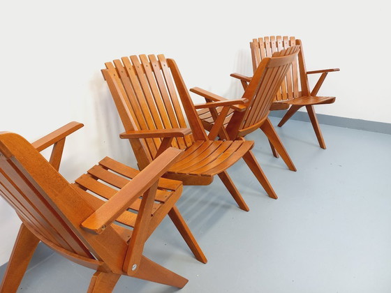 Image 1 of Set of 4 vintage beechwood garden armchairs from the 1960s