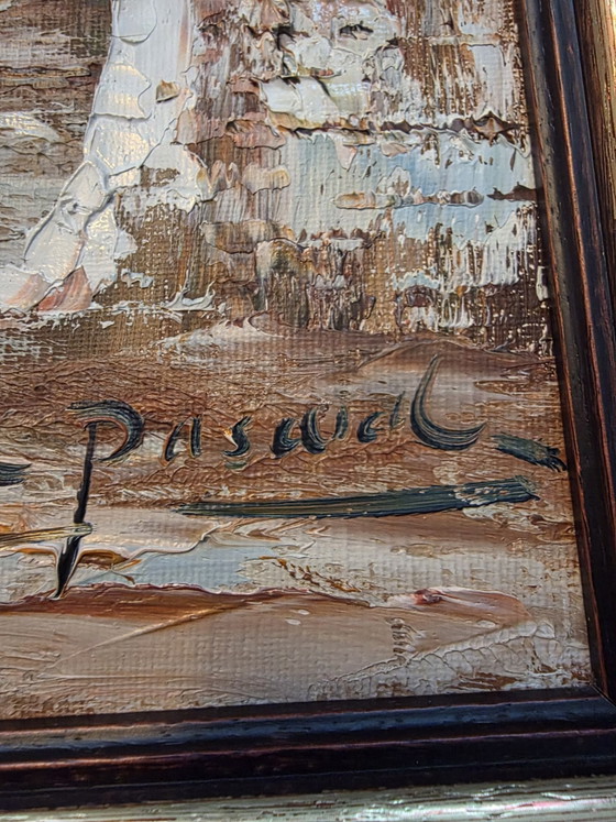 Atmospheric Village Scene, Oil on panel, Signed 'Pascual', Includes classic wooden frame, Art, Canvas, Beige (photo 8 of 9)