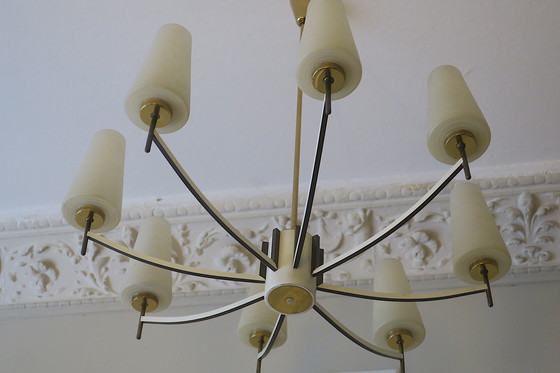 Image 1 of Lampadario italiano in ottone e vetro artistico, anni '70