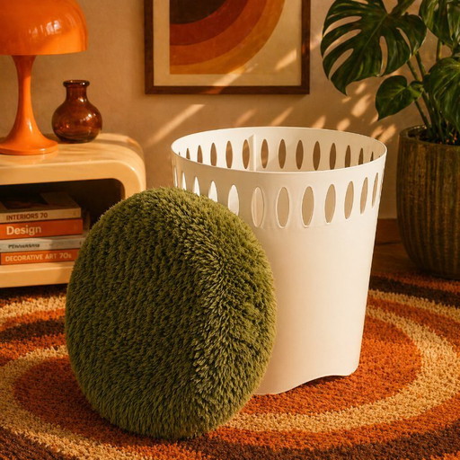Vintage EMSA Space Age Opbergkruk – 70s Ottoman met Groene Faux Fur – Retro Wasmand & Mid Century Storage Stool