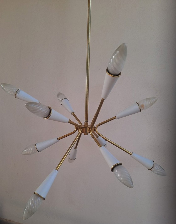 Image 1 of Lámpara de araña Stilnovo de 12 luces en latón y Sputnik
