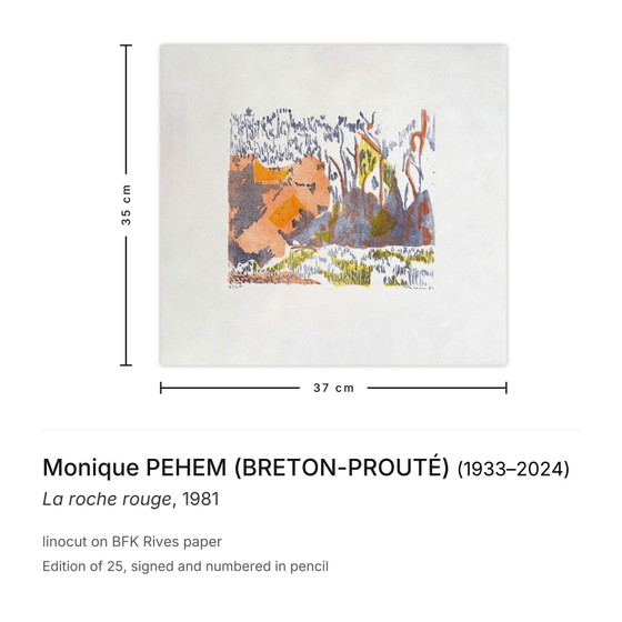 Image 1 of Monique PEHEM (BRETON-PROUTÉ) La Roccia Rossa Linoleografia firmata 1981