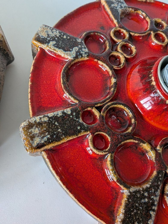 Image 1 of Rare Trio of 1970s Fat Lava Ceramic Wall Sconces - Hustadt Leuchten Style - Space Age Pop Art Sconces - Red, Orange & Earth