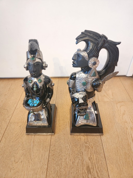 2 large Mexican sculptures – Solid Obsidian & Alpaca/Silver with Turquoise inlay – 35 cm – Monumental weight: 8.8 kg!