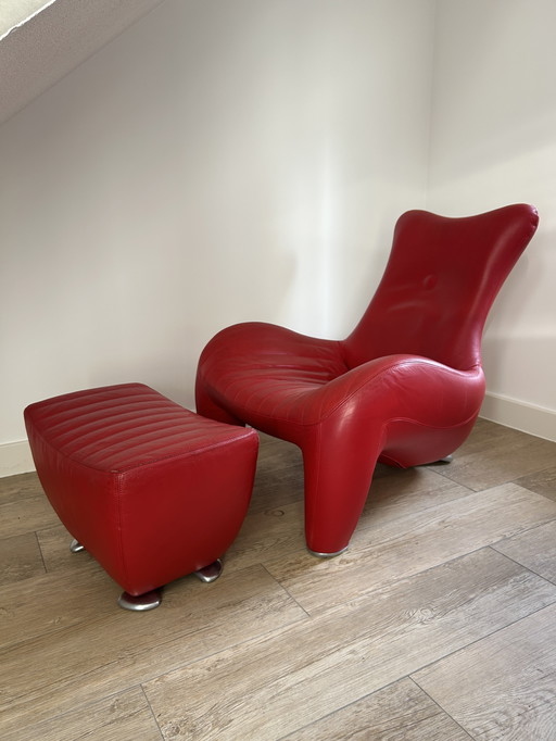 Leolux Balou Armchair Red Leather + Hocker