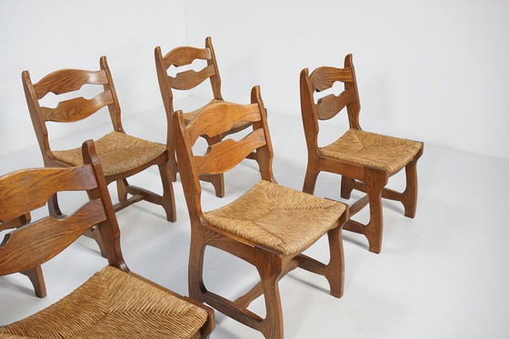 Image 1 of Set di 10 sedie brutaliste "Razor" in rovere con seduta in giunco, Paesi Bassi, anni '70