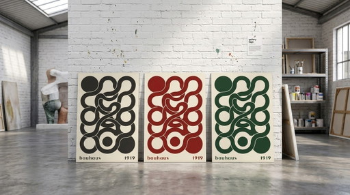 3× Geometría Bauhaus 1919 – 3 colores | 70×100cm | Fine Art Alu Dibond 3 mm | Transparente, brillante – giclee prints