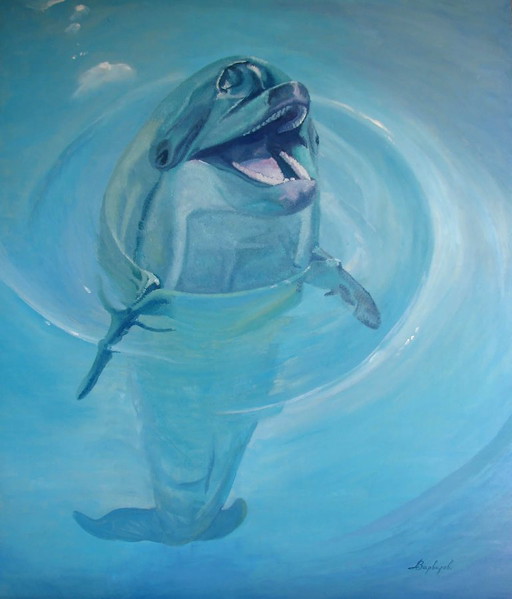 Original Oil Painting Contemporary Art Dolphin Hello – schilderijen tekeningen, Canvas