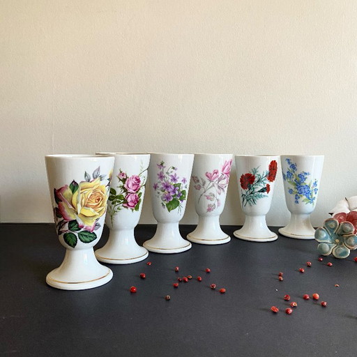 Tazas de café y té de Daniel Moreau con 6 mazagrans de porcelana de Limoges, flores y borde dorado