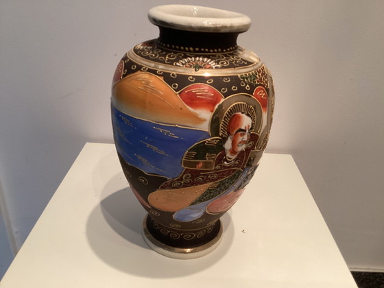2 identical Satsuma Vases with faces in relief, Ceramic, Blue (photo 4 of 5)