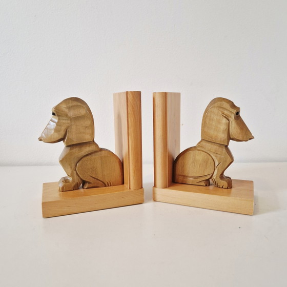 Image 1 of Set di fermalibri vintage a forma di bassotto, fermalibri in legno anni '60, bassotto