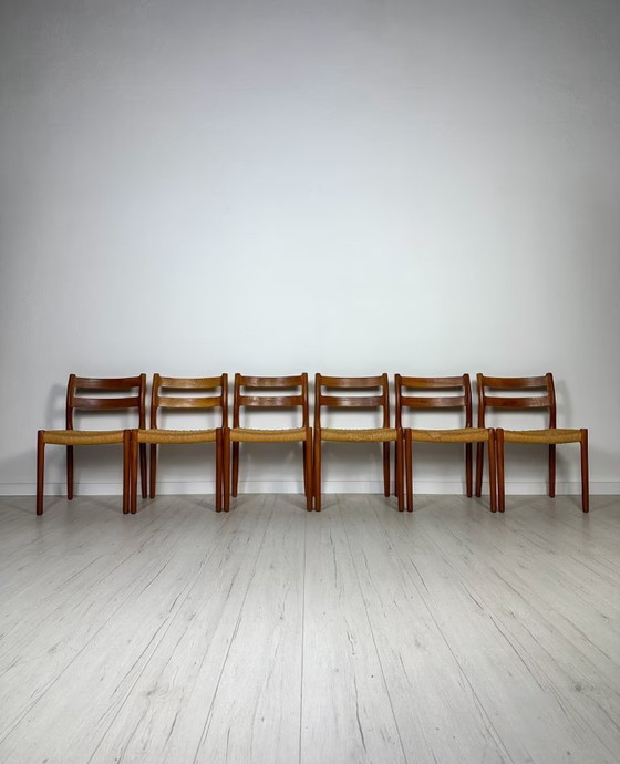 Image 1 of 6x Sedie da pranzo danesi in teak e corda di carta 84 di Niels Møller anni '60