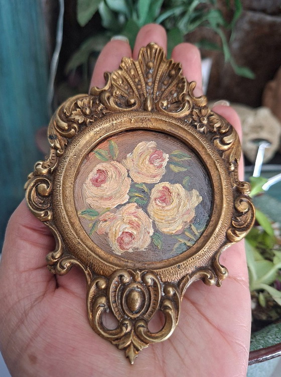 Image 1 of Miniatura vintage di dipinto ad olio floreale in cornice di bronzo - Decorazione romantica in stile shabby chic francese
