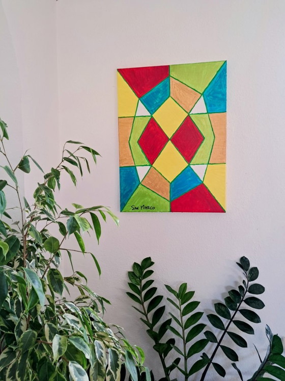 Pittura astratta geometrica, firmata Enzo SAN MARCO, Dipinti e disegni, Tela, Rosso, Abstract (foto 6 di 11)
