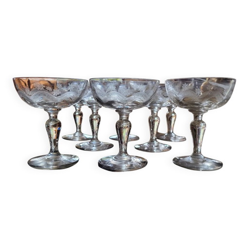 8 copas de champán de cristal grabado de Meisenthal, Art Déco