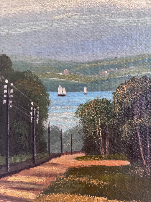 Peinture à l'huile originale vintage représentant un paysage côtier, signée. Art marin.