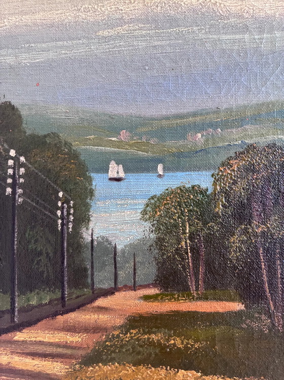 Image 1 of Peinture à l'huile originale vintage représentant un paysage côtier, signée. Art marin.