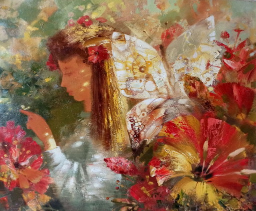 Original Oil Painting Abstract Figurative Girl Flowers Butterfly – schilderijen tekeningen, Canvas