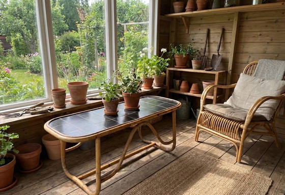 Image 1 of Vintage Bamboo Coffee Table with Black Plastic Top