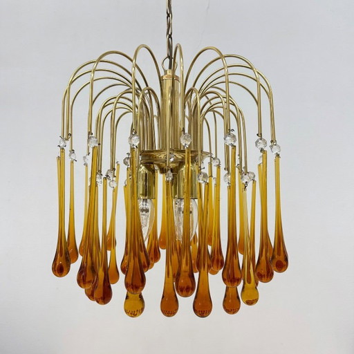 Gold-Plated Metal & Murano Glass Drop Chandelier by Paolo Venini for Mand Eurolux, 1970s