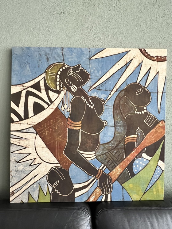 Image 1 of Ingelijst West-Afrikaans batikschilderij uit Gambia (73x73 cm)