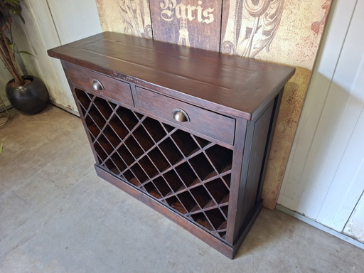 Mueble para vinos, mesa auxiliar y cómoda de teca con 2 cajones. Dimensiones: 102 x 36 cm y 85 cm de alto.