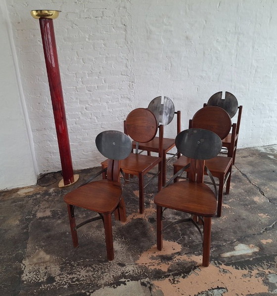 Image 1 of Set di 6 sedie da pranzo brutaliste in teak e acciaio di metà secolo, anni '60