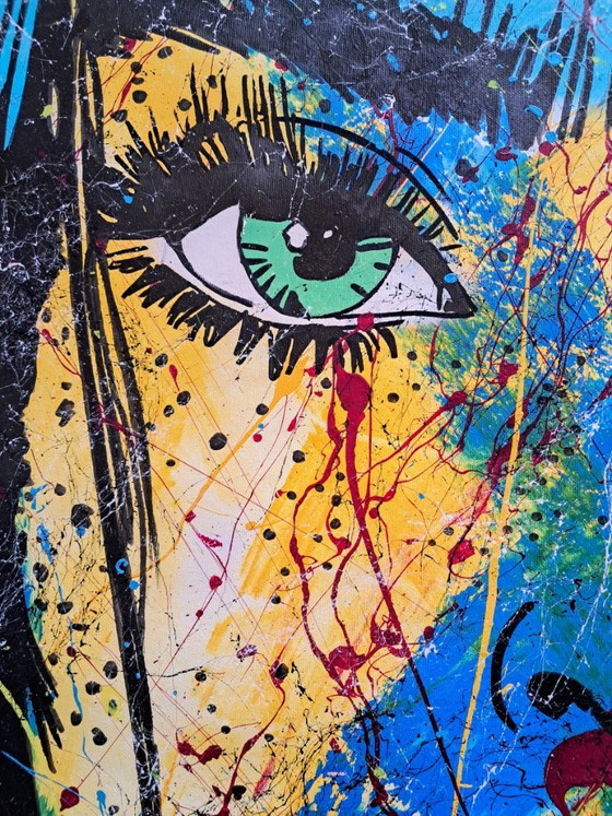Pittura Pop Art, volto di donna con cuore, Dipinti e disegni, Tela, Blu (foto 2 di 15)