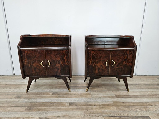1950s bedside tables in feather and mahogany briar with mirrored top