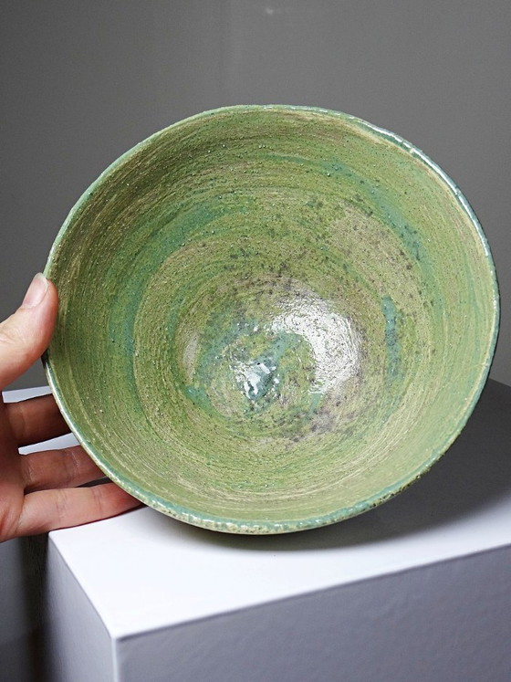 Image 1 of Vintage handmade ceramic bowl, 20th-19th century, celadon green, blue-green, Wabi-Sabi