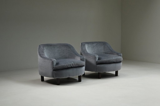 Set van 2 ijsblauwe mohair loungestoelen, jaren 50, Italië.