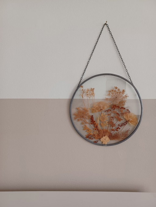 Vintage '70s, botanical stained glass. Dried flowers and plants.