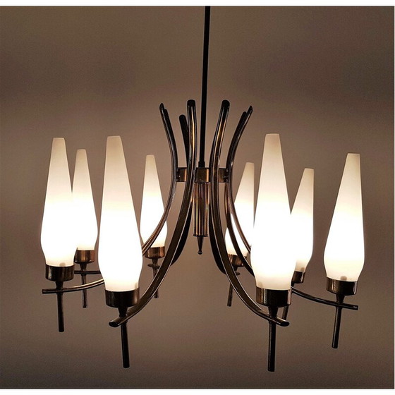 Image 1 of Italian "Tulip" chandelier in glass and brass - 1950s