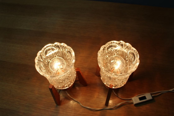 Image 1 of Pair Czech 1970s Wood and Yellow Glass Mid Century Table Lamps