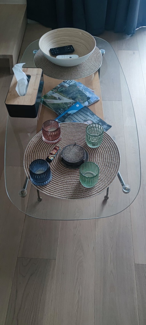 Vintage mid-century coffee table with heavy glass top and chrome frame (1960s)