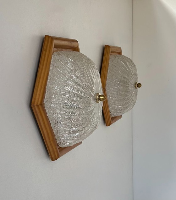 Image 1 of Coppia di lampade d'epoca, pino e vetro di Murano, Italia 1980