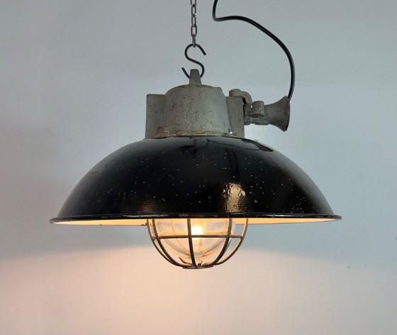 Image 1 of Black Enamel and Cast Iron Industrial Cage Pendant Light, 1960s