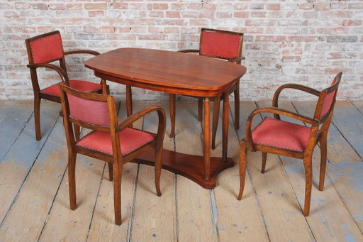 Set of Four Restored Art Deco Chairs, by Jules Leleu, Beech, France, 1930s – eetkamerstoelen, Metal, Textile