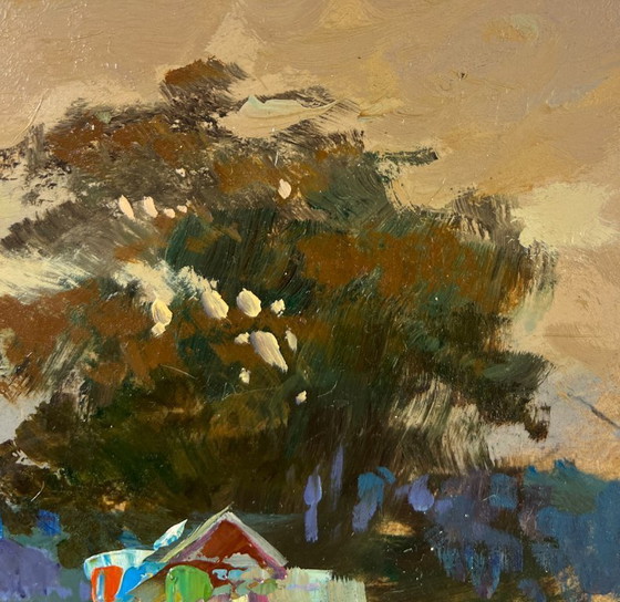 Image 1 of Original Oil Painting Evening City Landscape Church over the river